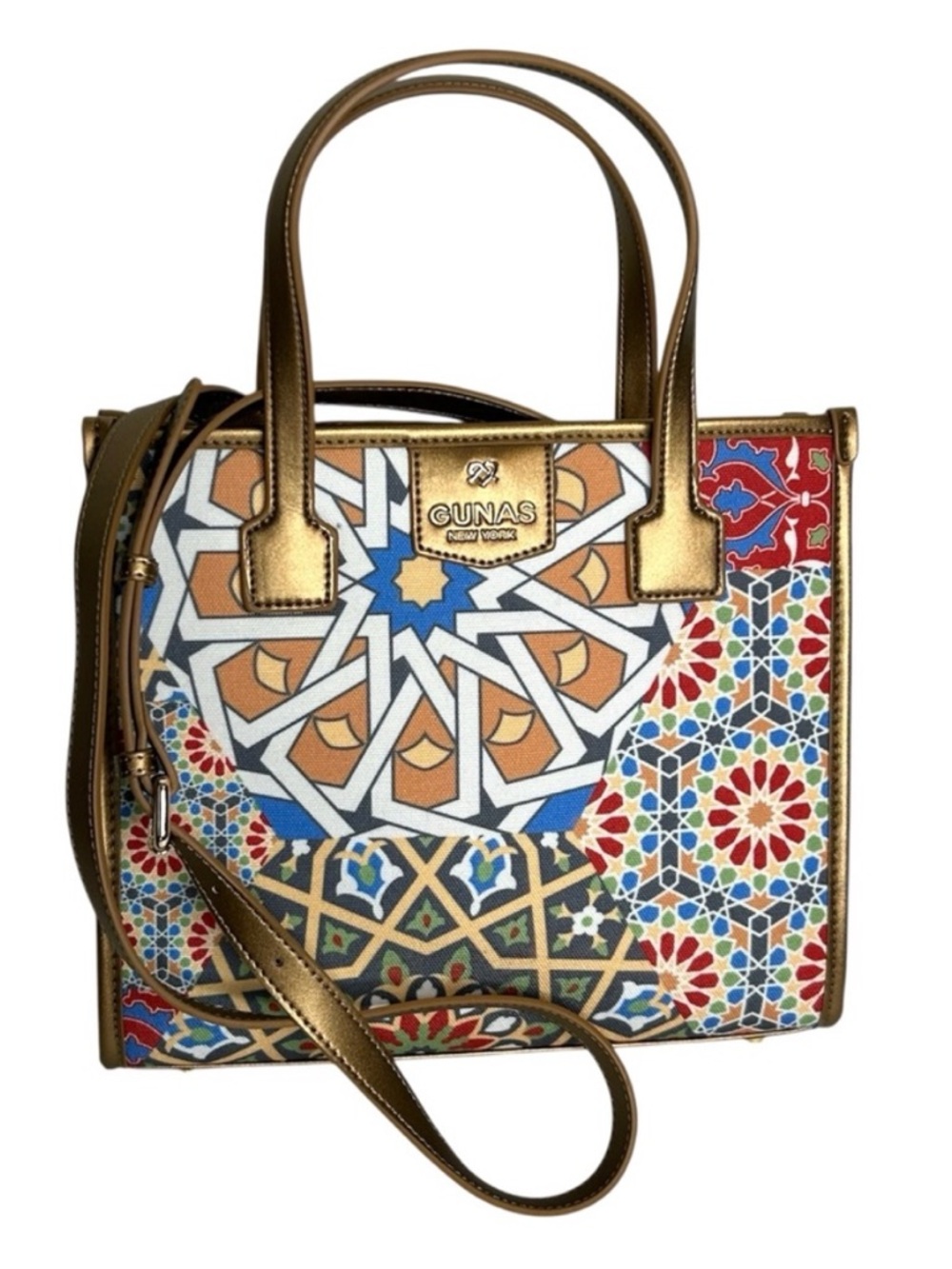GUNAS New York Womens Multicolored Mosaic Oasis Canvas Mini Tote Crossbody Bag.